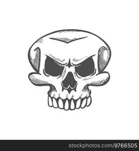 Skull with sharp demonic teeth isolated monochrome sketch. Vector dead human head, scary face. Profile of skeleton head with tooth isolated skull