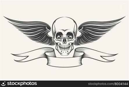 Skull with Wings and Ribbon. Illustration in engraving style. Isolated on white.