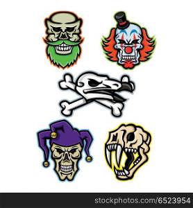 Skulls and Bones Mascot Collection. Mascot icon illustration set of skull heads and bones of a bearded hipster skull, whiteface clown skull, vulture or condor with crossed bones, court jester or joker skull and saber-toothed cat viewed from on isolated background in retro style.. Skulls and Bones Mascot Collection