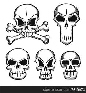 Skulls and craniums with crossbones icons. Vector pencil sketch emblems for cartoon, label, tattoo, halloween decoration. Skulls and craniums with crossbones icons