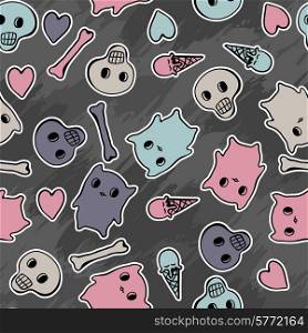 Skulls, and hearts on black background - seamless pattern