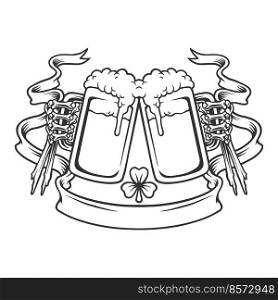 Skulls beer cheers with clover leaf ribbon monochrome Vector illustrations for your work Logo, mascot merchandise t-shirt, stickers and Label designs, poster, greeting cards advertising business company or brands.