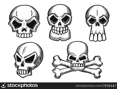 Skulls sketch icons. Skeleton craniums crossbones for halloween decoration, cartoon, label, tattoo. Skulls and skeleton crossbones sketch icons