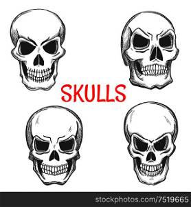 Skulls sketch icons. Skeleton craniums crossbones for halloween decoration, cartoon, label, tattoo, religious decoration elements. Skulls and skeleton craniums sketch icons
