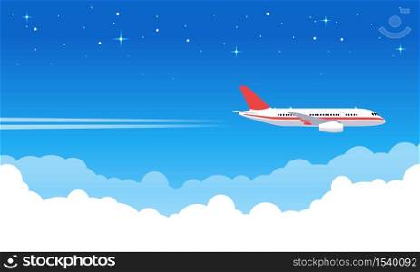 Sky aircraft. Airplane flying in blue sky, flight jet aircraft in clouds, airliner vacation or transportation trip vector illustration. Trip jet, flight transport, transportation airplane. Sky aircraft. Airplane flying in blue sky, flight jet aircraft in clouds, airliner vacation or transportation trip vector illustration