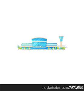 Sky avia station, airport terminal building and airplanes isolated icon. Vector International airlines terminal facade exterior, cargo and passenger planes, glass airport construction, public buses. Airport terminal building facade, passenger planes