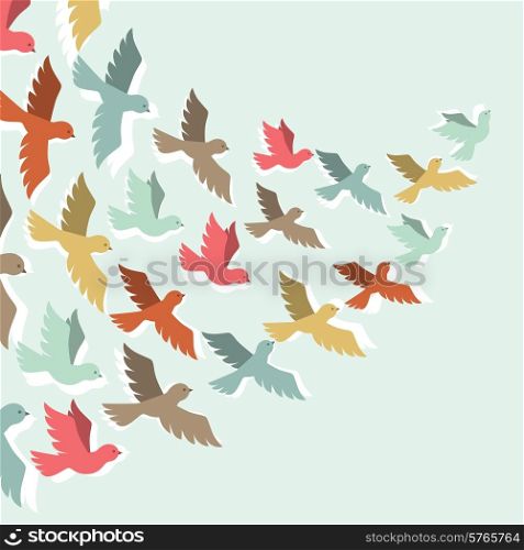 Sky background with stylized color flying birds.