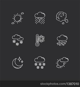 Sky clarity and precipitation chalk white icons set on black background. Seasonal weather forecast, meteorological report. Atmosphere condition prediction. Isolated vector chalkboard illustrations. Sky clarity and precipitation chalk white icons set on black background