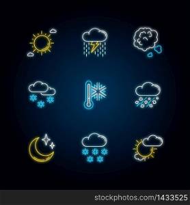Sky clarity and precipitation neon light icons set. Seasonal weather forecast, meteorological report signs with outer glowing effect. Atmosphere condition. Vector isolated RGB color illustrations. Sky clarity and precipitation neon light icons set