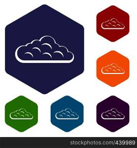 Sky cloud icons set hexagon isolated vector illustration. Sky cloud icons set hexagon