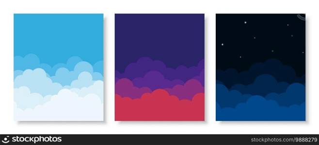 Sky cloud morning day, sunset and night landscape flat paper style background vector illustration.