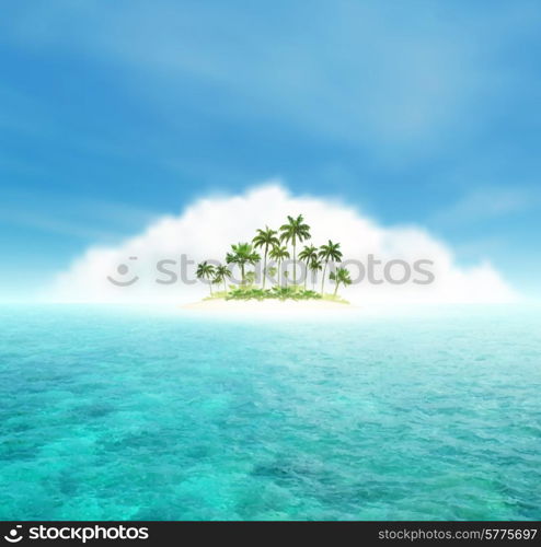 Sky, Cloud, Ocean And Tropical Island With Palms