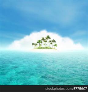 Sky, Cloud, Ocean And Tropical Island With Palms