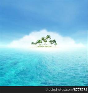 Sky, Cloud, Ocean, Wave And Tropical Island With Palms