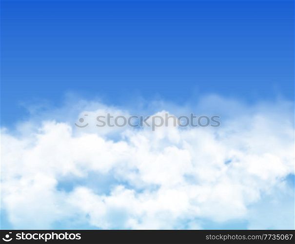 Sky clouds or fog, blue heaven with white mist, steam or fluffy clouds, vector background. Clouds in blue sky, fluffy smoke or white fog with light, sunny day with transparent fluffy air steam. Sky clouds fog, blue heaven white mist background