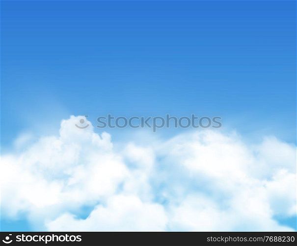 Sky clouds or fog, realistic cloudy air or heaven vector background. White fluffy clouds in sky with sun light, sunny day and fresh air weather, fluffy clouds, nature spring and clean environment. Clouds in sky, realistic fluffy cloudy smog, light