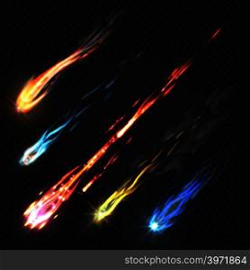Sky comets and meteorite, rocket trails isolated on dark transparent background. Meteorite and colored asteroid fall illustration. Sky comets and meteorite, rocket trails isolated on dark transparent background