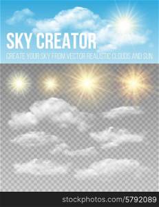 Sky creator. Set realistic clouds and sun. Vector illustration. Sky creator. Set realistic clouds and sun. Vector illustration EPS 10
