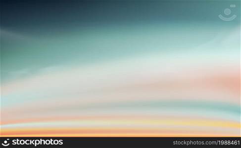 Sky in blue, orange, peach, light green colour Background, Dramatic twilight landscape with Sunset in evening,Vector horizon Sunrise in Morning banner of Sunlight for four season backdrop