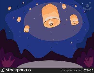 Sky lanterns flat color vector illustration. Traditional chinese festival. Romantic nightscape with floating lights. Flying paper lanterns 2D cartoon objects with night sky on background. Sky lanterns flat color vector illustration