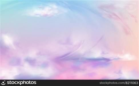 Sky or heaven background. Sunset or sunrise nature landscape with pink, white, blue and lilac soft fluffy clouds flying. Evening or morning abstract vivid fantasy view Realistic 3d vector illustration. Sky or heaven nature background. Sunset or sunrise