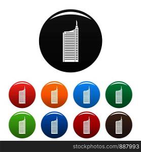 Sky scraper icons set 9 color vector isolated on white for any design. Sky scraper icons set color
