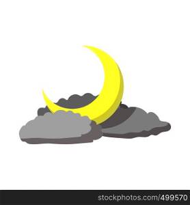Sky with a moon and clouds icon in cartoon style on a white background . Sky with a moon and clouds icon, cartoon style
