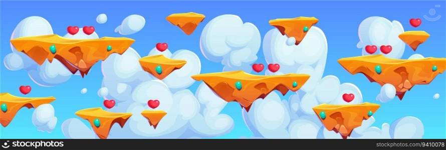 Sky with cloud and floating island game background. Cartoon blue heaven sunny and cloudy scene for runner and jump videogame illustration. Abstract 2d cloudscape nature outdoor arcade decoration. Sky with cloud and floating island game background