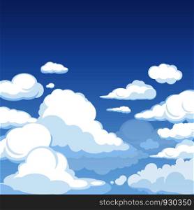Sky with fluffy clouds. Clean blue panorama of cloudscape cloudy vector cartoon illustration. Fluffy cloud in air, cloudscape heaven. Sky with fluffy clouds. Clean blue panorama of cloudscape cloudy vector cartoon illustration