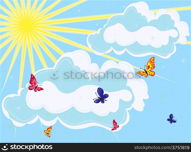 Sky with sun, clouds and butterflies on foreground. Hand drawing vector illustration