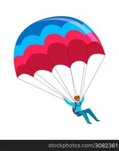 Skydiver. Man jump with parachute. Active lifestyle hobby, extreme professional parachuting sport, speed falling in sky male parachutist cartoon colorful flat character isolated on white background. Skydiver. Man jump with parachute. Active lifestyle hobby, extreme professional parachuting sport, speed falling in sky male cartoon colorful character isolated on white background