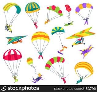 Skydivers flying extreme sport, jump with parachute. Vector extreme parachute skydiving, activity jump sport illustration. Skydivers flying extreme sport, jump with parachute
