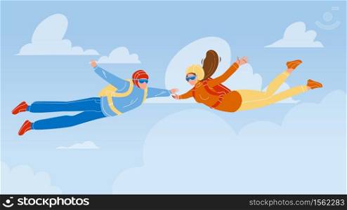 Skydivers Man And Woman Skydive In Air Vector. Young Boy And Girl Wearing Skydive Clothes, Protective Helmet And Parachute Falls Through From Sky. Characters Flat Cartoon Illustration. Skydivers Man And Woman Skydive In Air Vector