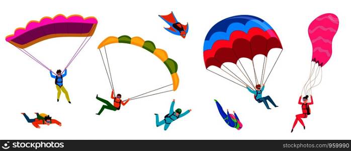 Skydivers. Professional skydiving, people jump with parachute, fly with paraglider. Active lifestyle hobby cartoon vector parachuting wings adventure flying characters. Skydivers. Professional skydiving, people jump with parachute, fly with paraglider. Active lifestyle hobby cartoon vector characters