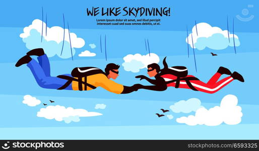Skydiving adventures horizontal banner with couple in free fall holding hands romantic experience above clouds vector illustration. Skydiving Team Illustration
