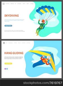 Skydiving and hang gliding vector, people with active lifestyle, skydiver and paraglider. Sky and clouds, flights of people, extreme hobby of men. Website or webpage template, landing page flat style. Skydiving and Hang Gliding Activities of Men