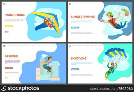 Skydiving and paragliding vector, bungee jumping woman in flight, urban lifestyle parkour, parachutist at sky, skydiver and hang gliding. Website or webpage template, landing page flat style. Bungee Jumping and Parkour Activity Website Set