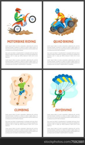 Skydiving and quad biking vector, extreme sports activities, posters set with text sample. Wall climbing and skydiver in sky active people with hobbies. Motorbike and Wall Climbing, Skydiver Poster Set