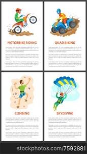 Skydiving and quad biking vector, extreme sports activities, posters set with text sample. Wall climbing and skydiver in sky active people with hobbies. Motorbike and Wall Climbing, Skydiver Poster Set