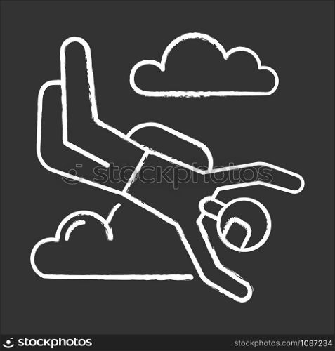 Skydiving chalk icon. Sky diving. Freefall tricks. Skydiver jumping with parachute. Air extreme sport flight stunt. Adrenaline recreation. Parachutist flying in sky. Isolated chalkboard illustration