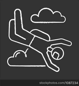 Skydiving chalk icon. Sky diving. Freefall tricks. Skydiver jumping with parachute. Air extreme sport flight stunt. Adrenaline recreation. Parachutist flying in sky. Isolated chalkboard illustration