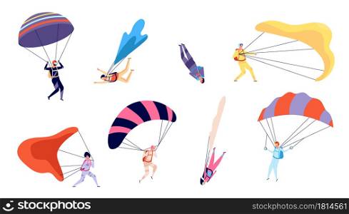 Skydiving characters. Skydiver, free jumping and sky flying. Extreme sports, people in suits fall with parachutes, vector set. Sky sport, extreme flying jump, paratrooper and parachuting illustration. Skydiving characters. Skydiver, free jumping and sky flying. Extreme sports, people in suits fall with parachutes, freedom utter vector set