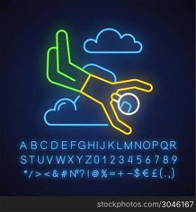 Skydiving neon light icon. Sky diving. Freefall tricks. Skydiver jumping with parachute. Parachutist flying in sky. Glowing sign with alphabet, numbers and symbols. Vector isolated illustration