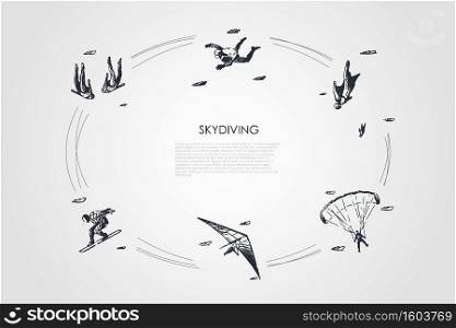 Skydiving - people in air jumping with parachute and skydiving vector concept set. Hand drawn sketch isolated illustration. Skydiving - people in air jumping with parachute and skydiving vector concept set