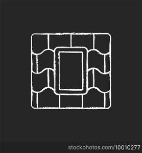 Skylight windows chalk white icon on black background. Outward opening, fixed window set into roofline. Venting skylight. Installing into house ceiling. Isolated vector chalkboard illustration. Skylight windows chalk white icon on black background