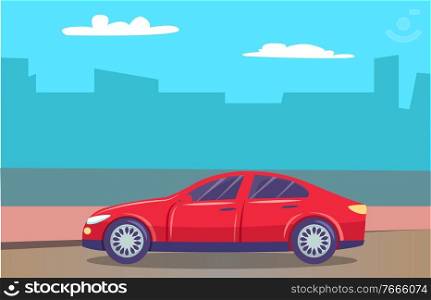 Skyline of big city in haze and car passing cityscape. Vehicle on road of town. Traveling and enjoying urban landscapes. Transport for trips and journeys. Freeway with automobile. Vector in flat style. Traveling By Car in Modern City, Auto and Skyline