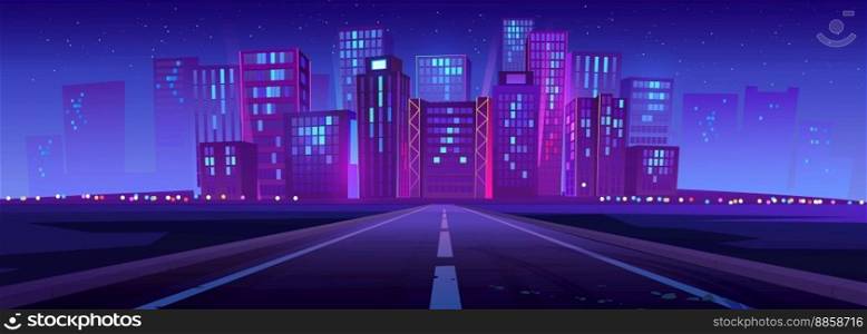 Skyline with city buildings, road and stars at night. Landscape with cityscape, empty street, modern houses and skyscrapers on horizon, vector cartoon illustration. Skyline with city buildings and road at night
