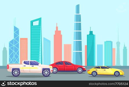 Skyline with skyscrapers and high rises and road with cars. Cityscape of modern city. Business center of town. Traffic on streets of urban landscape. Driving along buildings. Vector in flat style. Cityscape with Highway and Traffic Automobiles