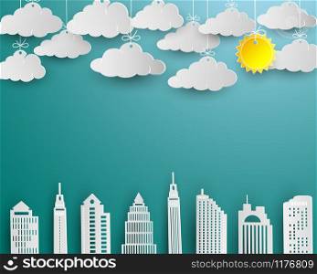 Skyscraper and cloud in white paper art design,architecture building in panorama view landscape,vector illustration