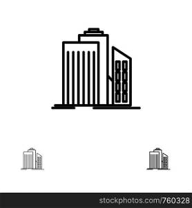 Skyscraper, Architecture, Buildings, Business, Office, Real Estate Bold and thin black line icon set